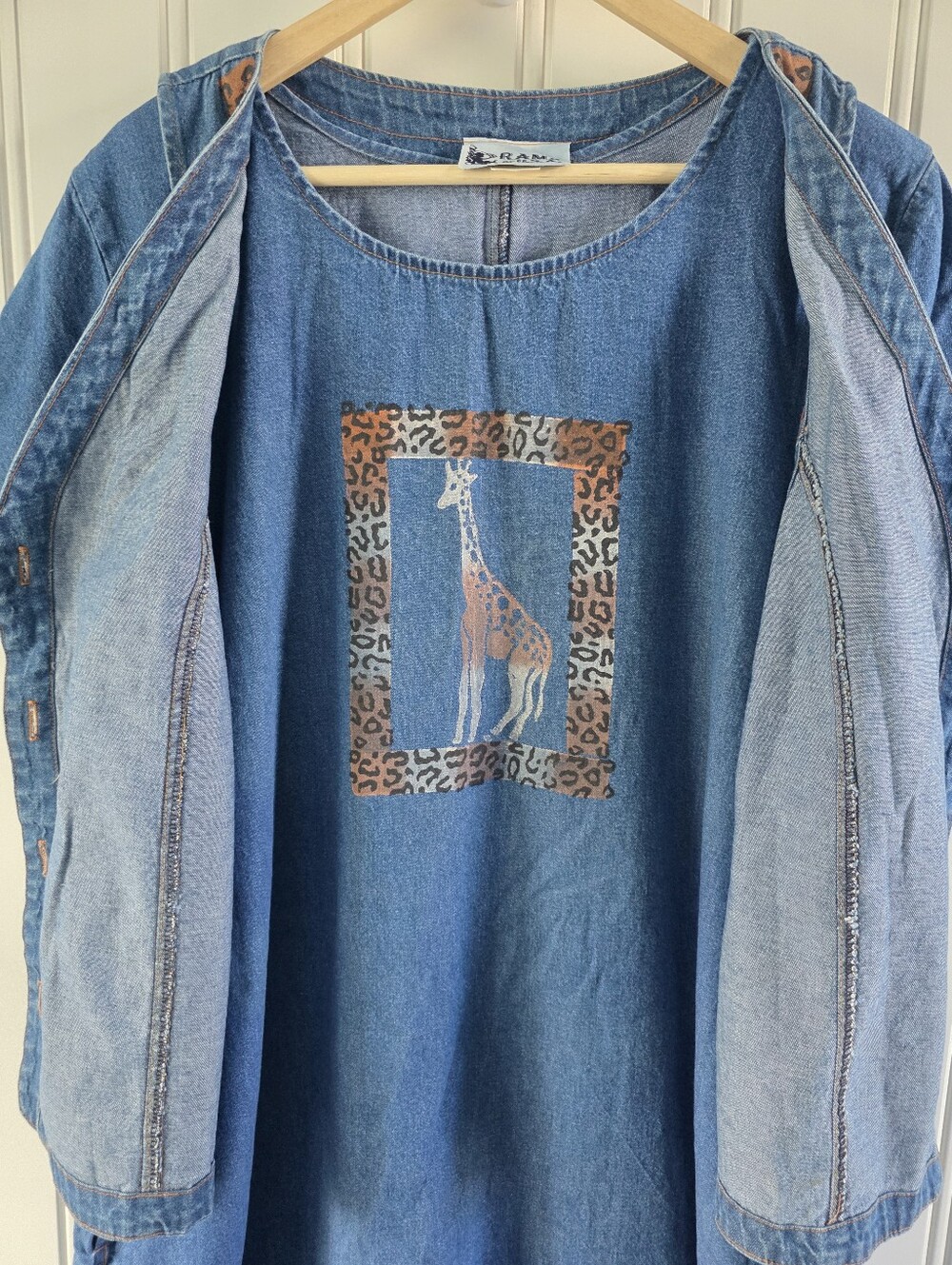 Vintage Rama Of USA 2 Piece Cotton Safari Animal Denim Vest Maxi Dress Blue XXL - Picture 6 of 9